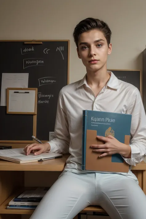 A beautiful young male twink, cute, with black hair and a face with makeup, wearing a bright white long-sleeved shirt and aqua blue pants, and he is in his office, and behind him is a blackboard on which is written the shape of the brain and its anatomy, a...