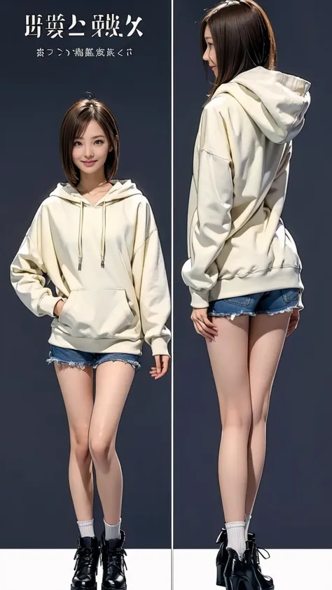 ((masterpiece)),(((Highest quality))),((Character design sheet)), Thin thighs,Long legs,18 year old Japanese girl, Cute type,The best smile:1.5、white long hoodie:1.5, Black panties peek:1.5，Short cut side wave , 