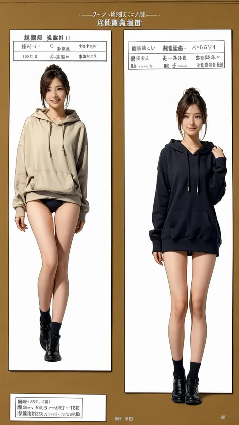 ((masterpiece)),(((Highest quality))),((Character design sheet)), Thin thighs,Long legs,18 year old Japanese girl, Cute type,The best smile:1.5、white long hoodie:1.5, Black panties peek:1.5，Short cut side wave , 