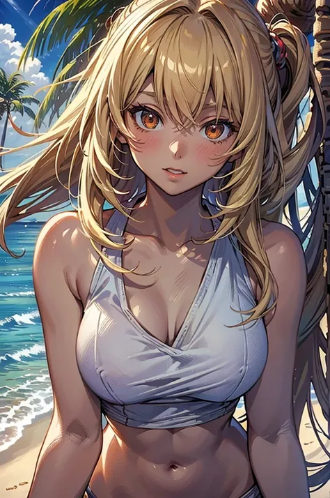 masterpiece, rich colors, Best quality, detailed, high resolution, Hyper quality, high detail, , high quality, detailing, skinny sexy girl on the beach , bright lighting , Brown eyes, Anime, palm trees, bright lighting, blonde,