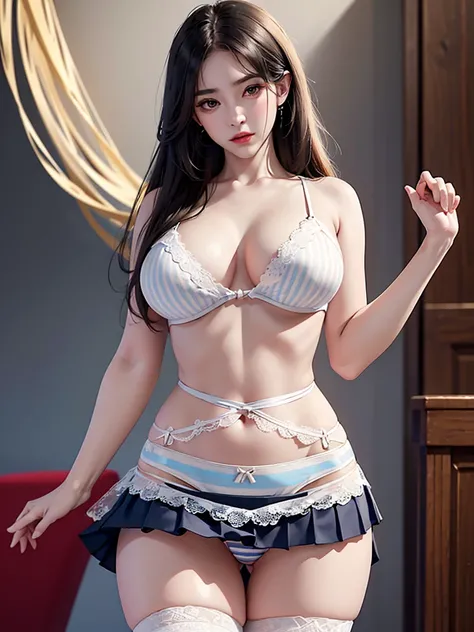 ((((Best Quality, 8K, 32K, masterpiece, 1.2)))),{{solo}},nsfw,{{{Artist: EUPHORIAs style}}},((perfect beautiful face:1.2)), slender body, nsfw,(Lift up the skirt:1.4),(striped lace panties visible:1.3),(pubic hair:1.2),(cameltoe:1.2),(love juice:0.5), frow...