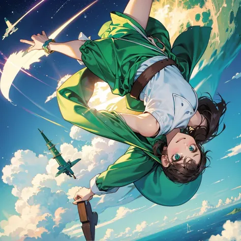 PeterPan flying over Neverland smiling happily 