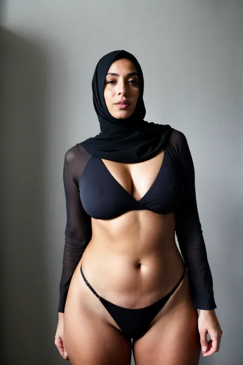 RAW photo,dark,moody,hazy atmosphere,35mm focal lenght,underexposed,cold,candid photograph,artistic,full body,photo of a beautiful,influencer,30yo Arab woman,hijab,detailed skin,fully naked,looking at viewer, thick body structure,grey background,no backgro...