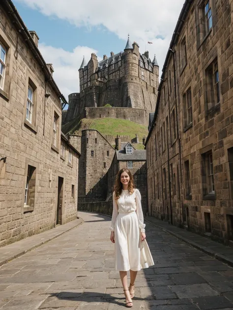 her name is Elle, high quality, 1girl, ((20-year-old fit Caucasian woman)), ((20 years old)), ((fit)), ((pale skin)), Beachy Waves dark hair , wearingPeplum Blouse + High-Waisted Culottes, pose: standing, background: Describe the historic charm of Edinburg...