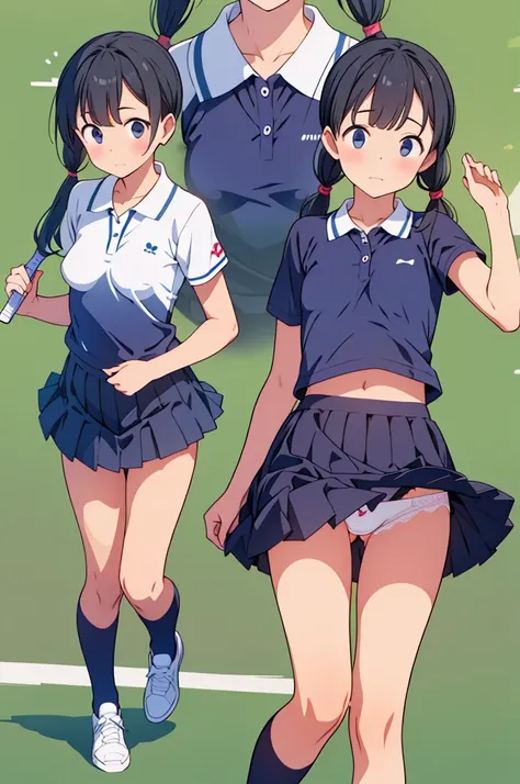 Tennis Wear、Nipples、navy polo shirt、Black Hair、Twin tails、ribbon、White pleated skirt、blush、Lift your shirt、Her skirt is flipped up、Lace panties、Short socks、Tennis shoes、{front、From below、Multiple Views}