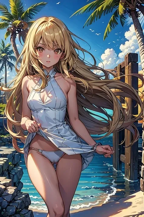 masterpiece, rich colors, Best quality, detailed, high resolution, Hyper quality, high detail, , high quality, detailing, skinny sexy girl on the beach , bright lighting , Brown eyes, Anime, palm trees, bright lighting, blonde,