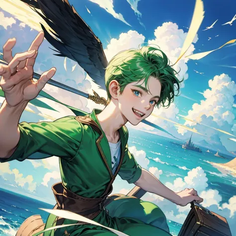 PeterPan flying over Neverland smiling happily 