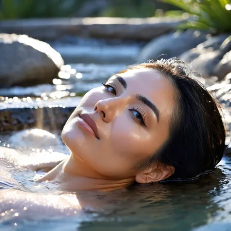 young woman, 27 years old,.she lies in a warm hot spring.. it&#39;s raining. she is standing in waist-deep water.. she smiles wi...