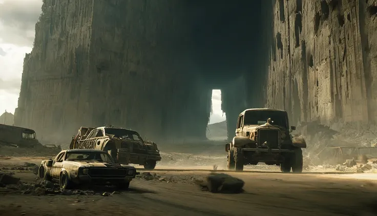 (Increase Contrast),Breathtaking graphics from the Attack on Titan universe, shooting various epic empty tracks for racing along rocky abandoned industrial post-apocalyptic roads on small cars from Mad Max against the backdrop of abandoned buildings and ro...