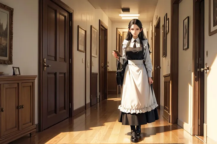 maid walking down the hallway, carrying a tray to her mistress, era lord of the rings.