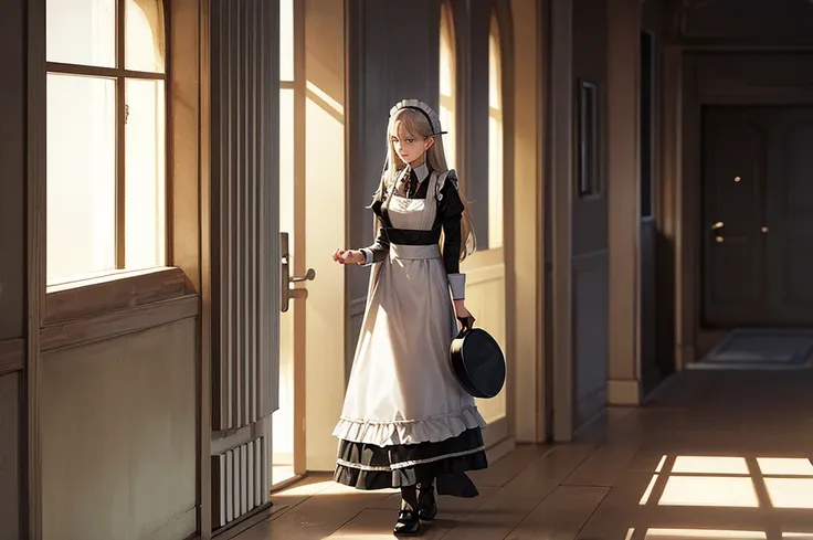 Maid walking down the hallway, carrying a tray to her mistress, era Lord of the Rings.