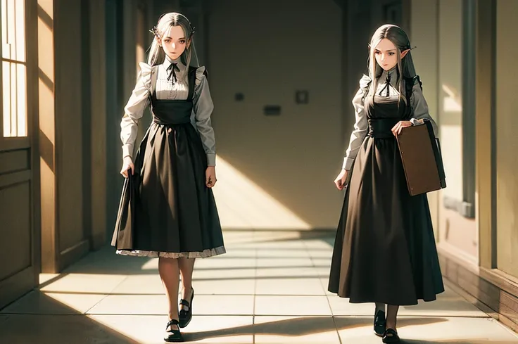 Maid walking down the hallway, carrying a tray to her mistress, era Lord of the Rings.