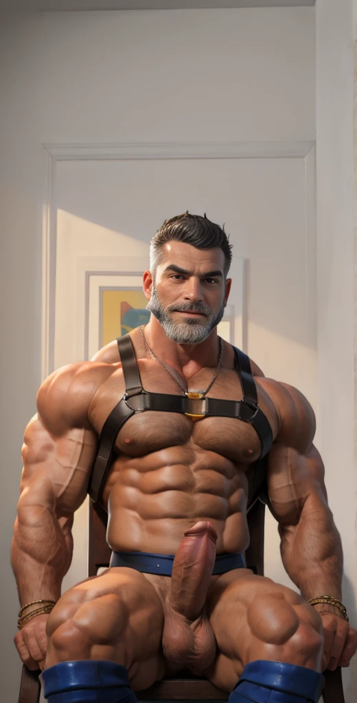 (masterpiece, intricately detailed, highest resolution, best quality:1.2),a cocky Jack Morrison male model,a 80 y.o muscle dad with a muscular physique sitting on a chair with black eyes,dark-skinned male, huge beard, mutton- chops, wearing chest harness, ...