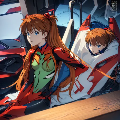 sugar angle, Asuka Langley Soryu, (Soryu Asuka Langley:1.5), blue eyes, hair between eyes, headgear, interface headset, orange hair, two side up,
blake bodysuit, long sleeve, plug suit, red bodysuit,
rest indoors, classroom,
break looking at viewer, (cowbo...