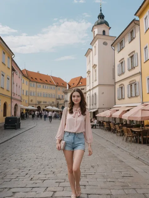 her name is Elle, high quality, 1girl, ((20-year-old fit Caucasian woman)), ((20 years old)), ((fit)), ((pale skin)), Beachy Waves dark hair , wearing Blush Pink Chiffon Bow-Tie Blouse + High-Waisted Tailored Shorts, pose: standing, background: Detail the ...