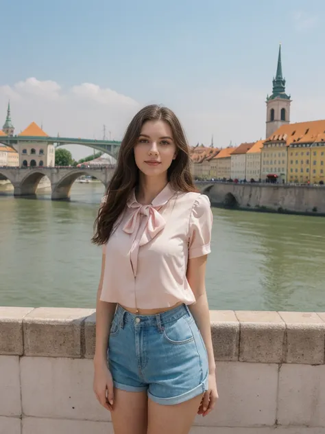 her name is Elle, high quality, 1girl, ((20-year-old fit Caucasian woman)), ((20 years old)), ((fit)), ((pale skin)), Beachy Waves dark hair , wearing Blush Pink Chiffon Bow-Tie Blouse + High-Waisted Tailored Shorts, pose: standing, background: Detail the ...