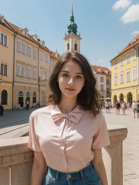 her name is Elle, high quality, 1girl, ((20-year-old fit Caucasian woman)), ((20 years old)), ((fit)), ((pale skin)), Beachy Waves dark hair , wearing Blush Pink Chiffon Bow-Tie Blouse + High-Waisted Tailored Shorts, pose: standing, background: Detail the ...