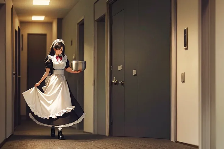 Maid walking down the hallway, carrying a tray to her mistress, fantasy