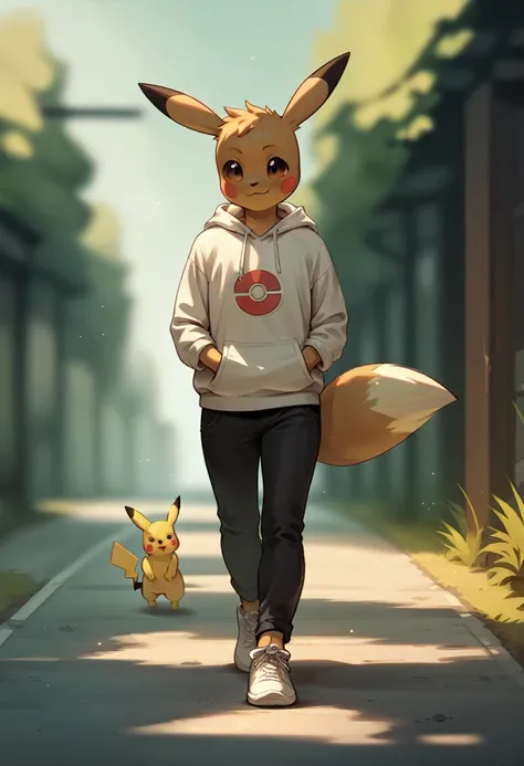 Pokémon,Pikachu wearing a hoodie, black pants and white shoes and Eevee wearing a hoodie walking on the road