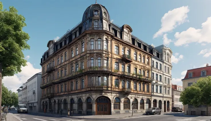 Image of an old 3-story building, in the center of the city  ,High resolution realistic image, 8K 