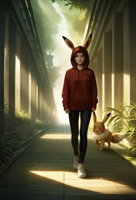 a pikachu wearing a hoodie, black pants, and white shoes, walking with an eevee wearing a hoodie, detailed, photorealistic, 8k, hyperrealistic, highly detailed, cinematic lighting, realistic textures, intricate details, beautiful colors, natural environmen...