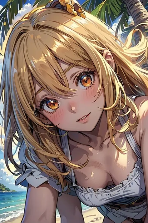 masterpiece, rich colors, Best quality, detailed, high resolution, Hyper quality, high detail, , high quality, detailing, skinny sexy girl on the beach , bright lighting , Brown eyes, Anime, palm trees, bright lighting, blonde,