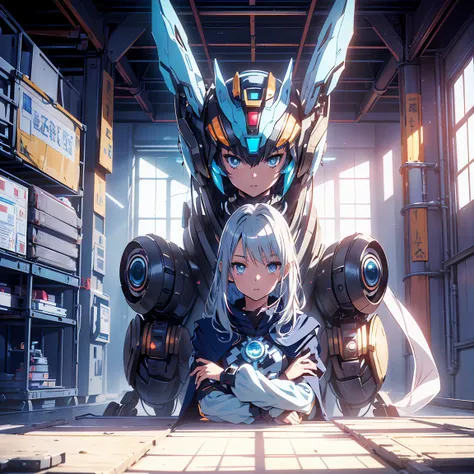 Anime, 2 characters, (1 teenage anime girl, silvery blue hair, bright blue star-shaped eyes, sitting); (1 Robot, Humanoid, Cape, Luminous Eyes, Rugged, Fantasy, Lights, outdated, old style, dark blue, bronze), Room with window