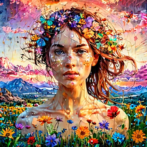 Digital fantasy double exposure one person only facing looking at the camera watercolor fairytale Illustration which is a double exposure of a summerscape sunset, by Waterhouse, Carne Griffiths, Minjae Lee, Ana Paula Hoppe, Stylized watercolor art, Intrica...