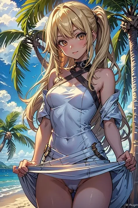 masterpiece, rich colors, Best quality, detailed, high resolution, Hyper quality, high detail, , high quality, detailing, skinny sexy girl on the beach , bright lighting , Brown eyes, Anime, palm trees, bright lighting, blonde,