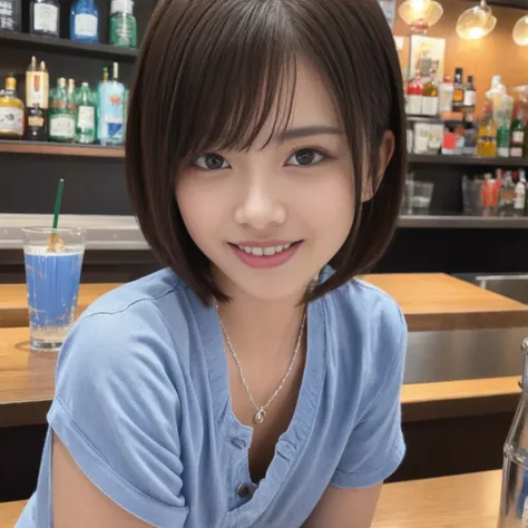 1 ultra cute japanese girl, short hair, part-time job at a bar,detailed face, ultra detailed eyes, incredible beautiful eyes, symmetry dropped eyes, no makeup, big smile, open mouth, best quality, 4k, 8k, highres, masterpiece, ultra-detailed, realistic, ph...