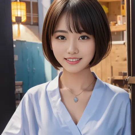 1 ultra cute japanese girl, short hair, part-time job at a bar,detailed face, ultra detailed eyes, incredible beautiful eyes, symmetry dropped eyes, no makeup, big smile, open mouth, best quality, 4k, 8k, highres, masterpiece, ultra-detailed, realistic, ph...