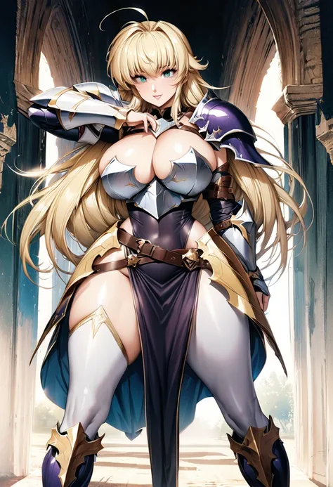 ((highest quality)), ((masterpiece)), ((hyperrealistic)), (detailed background), solo, 1girl, ((curvy: 1.2)), kawaii, smile, dark princess, ((armored dress: 1.3)), langrisser, blonde braided long hair, Ahoge, (paladin magic armor), ((Tight-fitting leotard ...