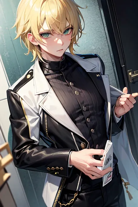 boy (masculine) with bangs and blonde hair and anime green eyes with black and white jacket 