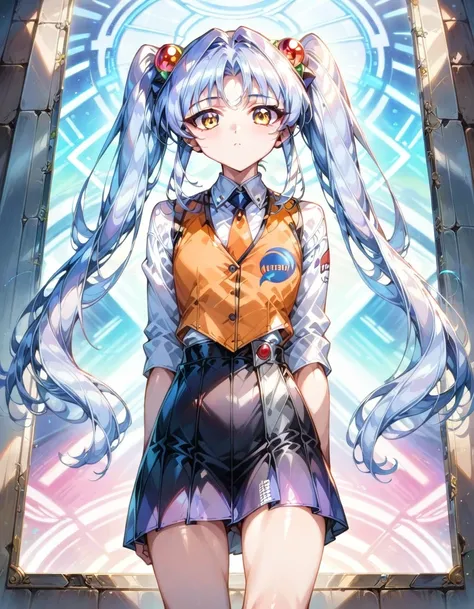 1girl, ruri_hoshino, (rurihAA), (twintails), light blue hair, yellow eyes, very long hair, orange vest, BREAK solo, flat chest, close-up, (expressionless:1.2), hologram, BREAK intricate details, extremely intricate, perfect lighting, (depth of field :1.2),...