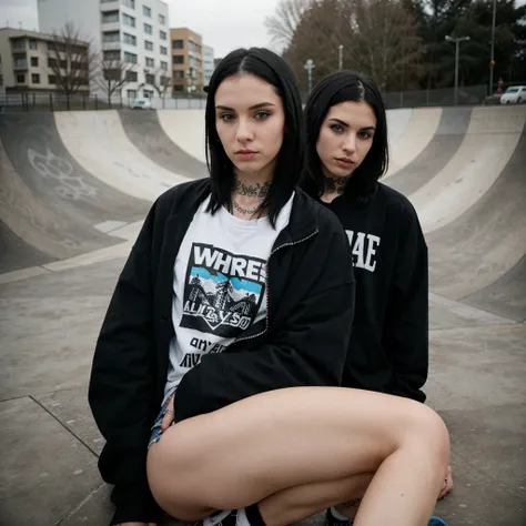 White, 1 girl, black hair, blue eyes, 1. Emo girl, Skatepark, Pose, Urban, Alternative fashion, Piercings, Tattoos, Dark makeup, Moody, Converse. [16K RAW, Best quality, masterpiece, 15.5mm, perfect face 1:2, perfect body 1:2, realistic, realistic skin det...