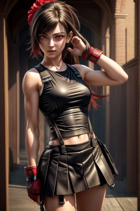 (masterpiece, Highest quality), Intricate details, (Highest quality)), ((masterpiece)), ((Realistic)), (Hyperrealism:1.2), (Fractal Art:1.2), 
One girl,   (Red eyes:1.5) 7r Tifa, White tank top, Arm guard, Fingerless gloves, suspenders, Pleated mini skirt,...