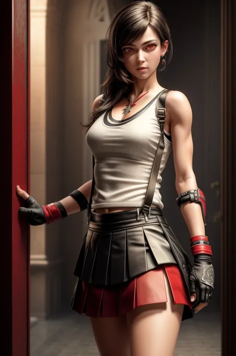 (masterpiece, Highest quality), Intricate details, (Highest quality)), ((masterpiece)), ((Realistic)), (Hyperrealism:1.2), (Fractal Art:1.2), 
One girl,   (Red eyes:1.5) 7r Tifa, White tank top, Arm guard, Fingerless gloves, suspenders, Pleated mini skirt,...