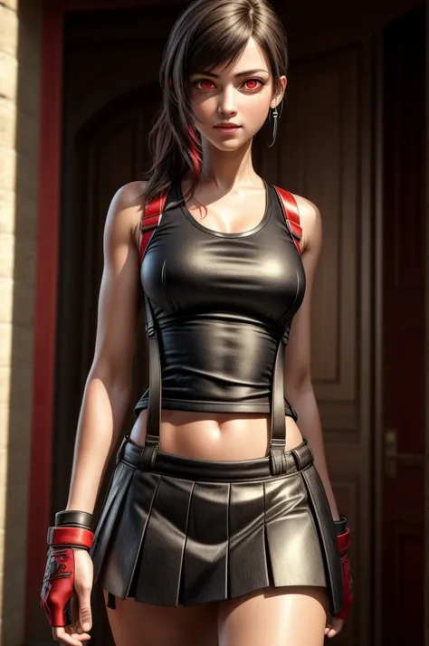 (masterpiece, Highest quality), Intricate details, (Highest quality)), ((masterpiece)), ((Realistic)), (Hyperrealism:1.2), (Fractal Art:1.2), 
One girl,   (Red eyes:1.5) 7r Tifa, White tank top, Arm guard, Fingerless gloves, suspenders, Pleated mini skirt,...