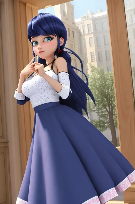 (8k, RAW photo, best quality, masterpiece:1.2), (intricate details), perfect eyes, perfect face, perfect lighting, beautiful, (masterpiece:1.2), (best quality:1.2), 1girl, solo, Marinette, blue hair, ((long loosen hair)), adult torso, 19 years old, slight ...