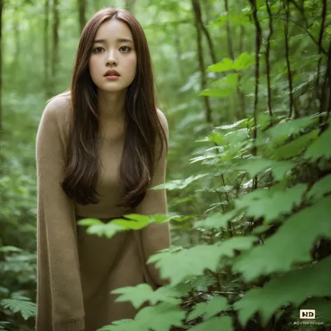 (((hd closeup photo))),one standing Anne-Marie Alto looking at camera,25 years old, in forest