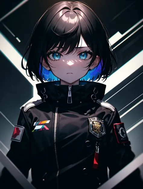 (Masterpiece, Best quality, ultra high resolution),1girl,short hair,black hair,jacket,(multicolor jacket green and black),looking at the viewer,focus on the girl,cloudy sky,beautiful and detailed face, detailed eyes,grey and black theme