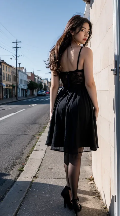 Realistic, RAW photo, Digital SLR, filmgrain, Fujifilm XT3, night shot, 1girll, goddes,Curly hair, Long hair, Silver hair,upper legs, ([:See-through:4]:1.2) Black dress, (Estampados florales:1.2),Black pantyhose,(deserted street), The light from the back w...