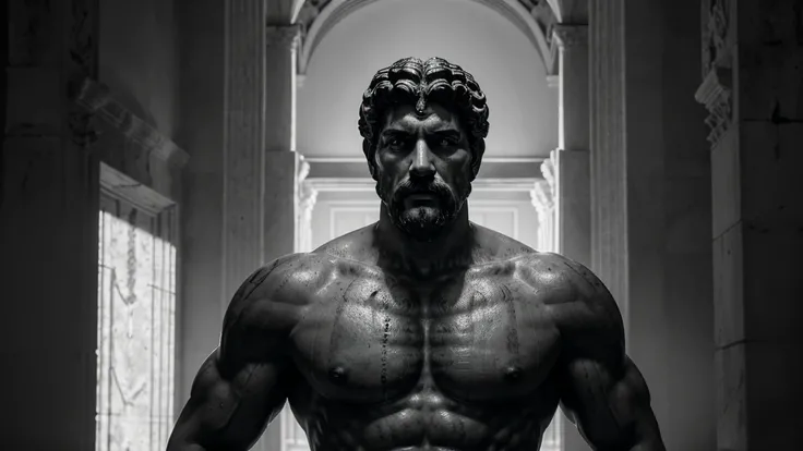 a portrait statue of the stoic Marcus Aurelius in black and white 4K, Super realistic ANCIENT GREEK RUINS, fully body, corpo stark, brawny, stark, wearing no shirt, tronco stark, stark, wearing no shirt, strong arms, 8K, ultra realisitic, cinematographic
