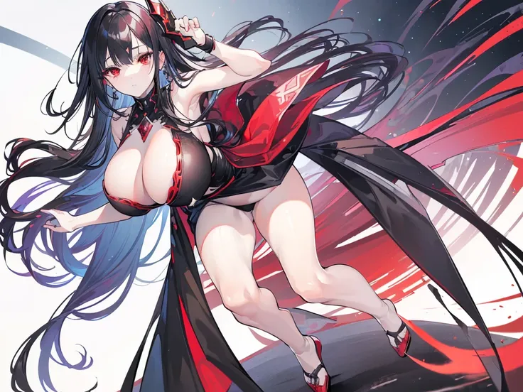 (Exquisite eyes),(Clear and beautiful eyes:1.61),masterpiece, 1 young girl,(Black clothes and some red gems), Black long hair, (She has a huge red gem on her chest), Good Hand,((The Havoc of StarCraft)),full-body shot,Fighting Stance,(Red Eyes:1.466)，short...