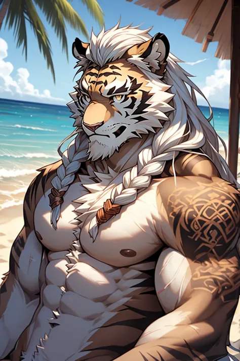 (masterpiece),(highres),(intricate details:1.4),extremely detailed,(illustration:1.2),8k,photorealistic,Anime headshot,exquisite,solo,aged,elder male tiger ,white fur,muscular,general,(naked upper body:1.4),(white hair:1.3),long hair,braided hair,beard,sca...