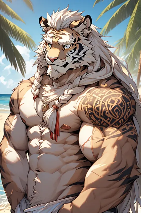 (masterpiece),(highres),(intricate details:1.4),extremely detailed,(illustration:1.2),8k,photorealistic,Anime headshot,exquisite,solo,aged,elder male tiger ,white fur,muscular,general,(naked upper body:1.4),(white hair:1.3),long hair,braided hair,beard,sca...