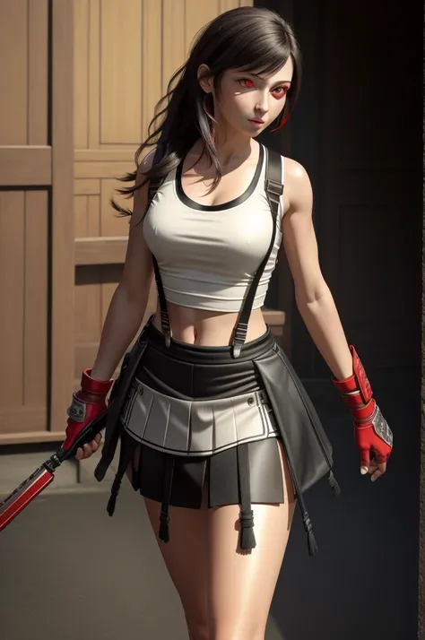 (masterpiece, Highest quality), Intricate details, (Highest quality)), ((masterpiece)), ((Realistic)), (Hyperrealism:1.2), (Fractal Art:1.2), 
One girl,   (Red eyes:1.5) 7r Tifa, White short tank top, Arm guards with red protectors, Fingerless gloves, susp...