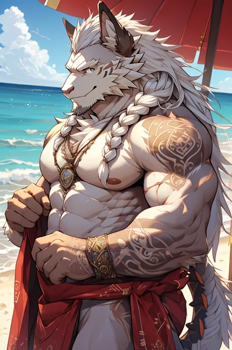 (masterpiece),(highres),(intricate details:1.4),extremely detailed,(illustration:1.2),8k,photorealistic,Anime headshot,exquisite,solo,aged,elder male eastern dragon,white fur,muscular,general,(naked upper body:1.4),(white hair:1.3),long hair,braided hair,b...