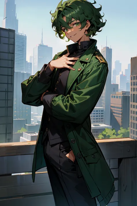 dark green hair, green eyes, smiling, curly hair, young male, lean build , teenager, black jacket, short length hair, dark skin, in the city 