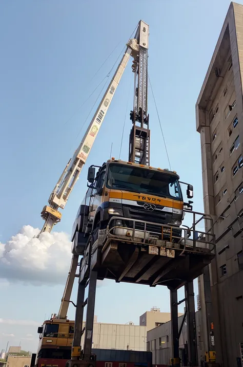 Truck crane lifting steel to build a tall building